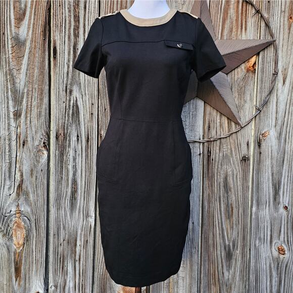 Brooks Brothers Dresses & Skirts - Black Knit Dress Tan Contrast Trim Epaulet Brooks Brothers Size 2 Stretch Pocket
